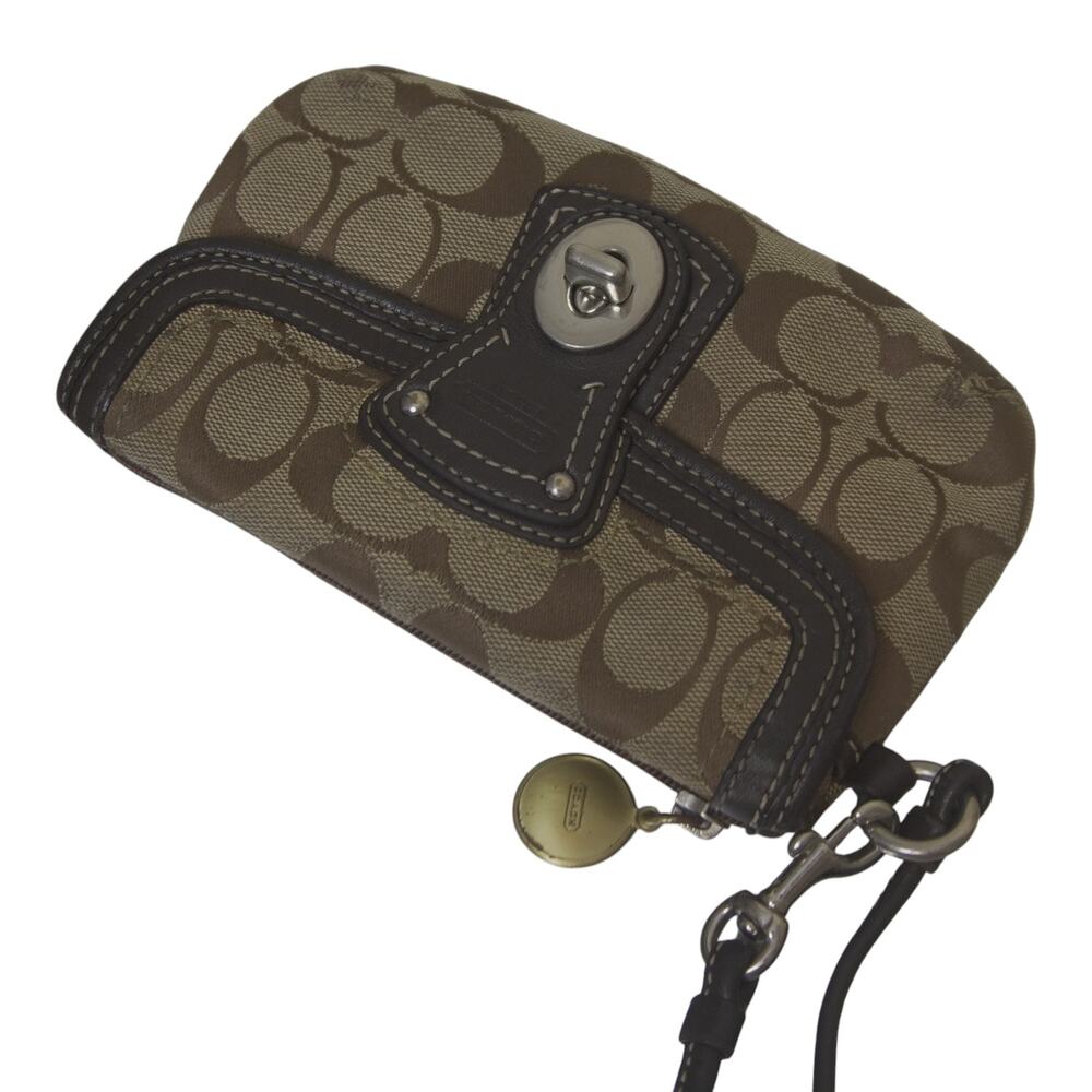 Coach Khaki Brown Leather Trim Turnlock Zip Wristlet with Gold Charm